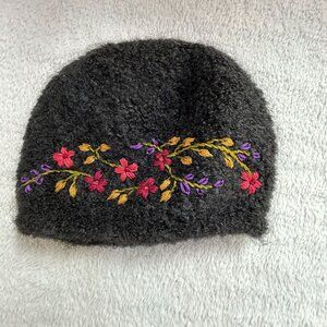 Peruvian Imports 100% Alpaca Wool Beanie with Floral Embroidery Black Red Boho
